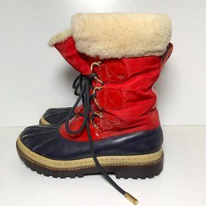 Tory Burch Duck Rain Lace Up Waterproof Boots Navy Red 5